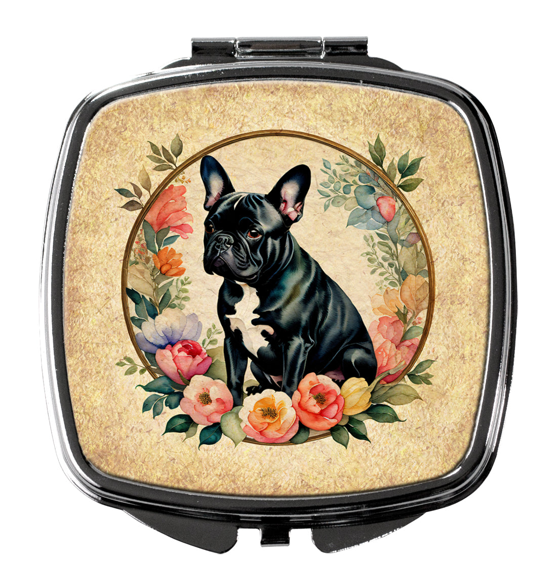 Black French Bulldog and Flowers Compact Mirror